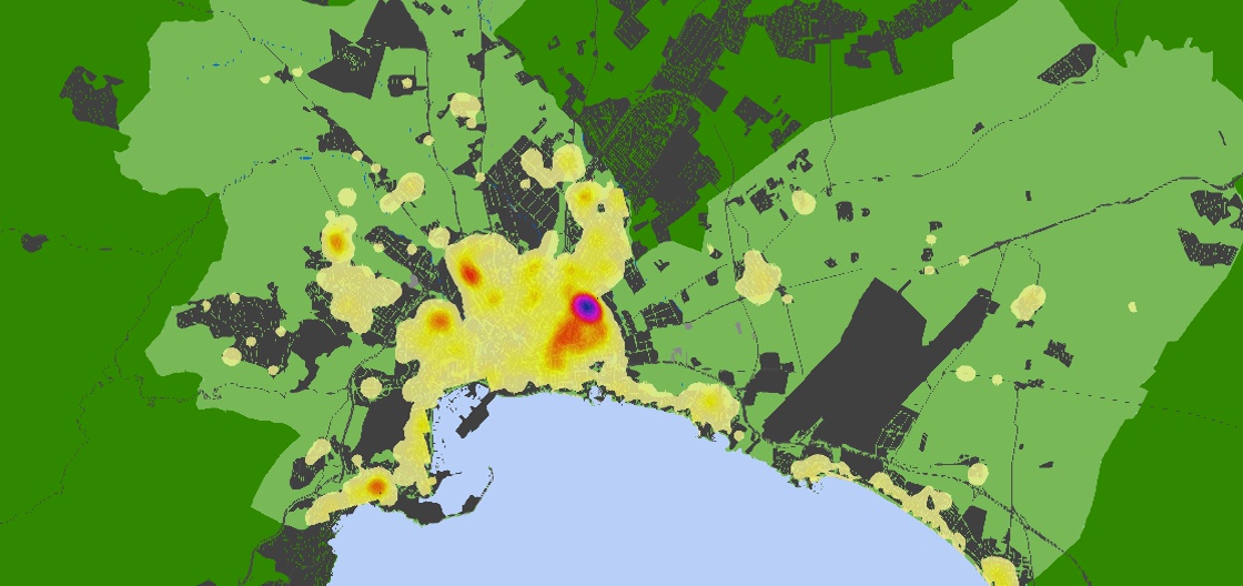 Execucions hipotecàries: Representació en 3D de la distribució de les execucions hipotecàries a Palma (2003-2014).