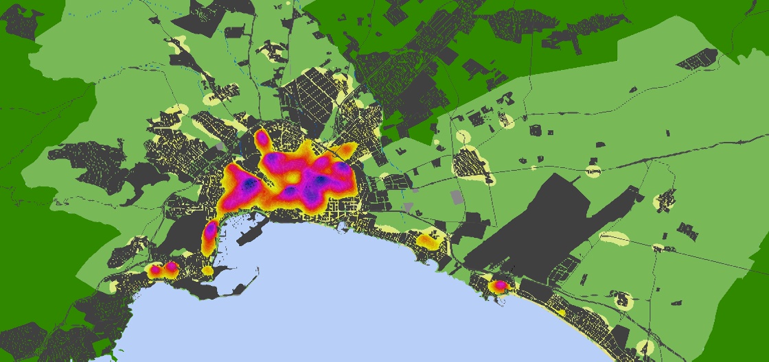 Desnonaments de llogaters:  Representació en 3D de la distribució dels desnonaments de llogaters a Palma (2003-2014).